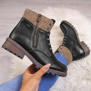 Women color block side zipper lace up chunky heel ankle boots