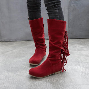 Women knee high flat low heel solid color fringe boots