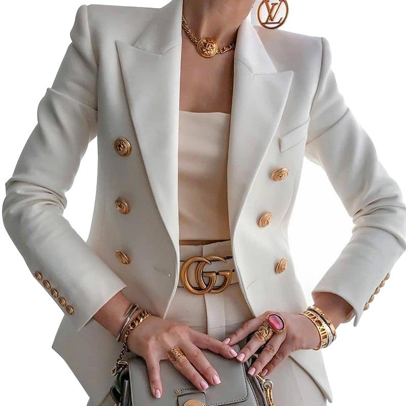 Women suit solid color pockets long sleeve double breasted coat
