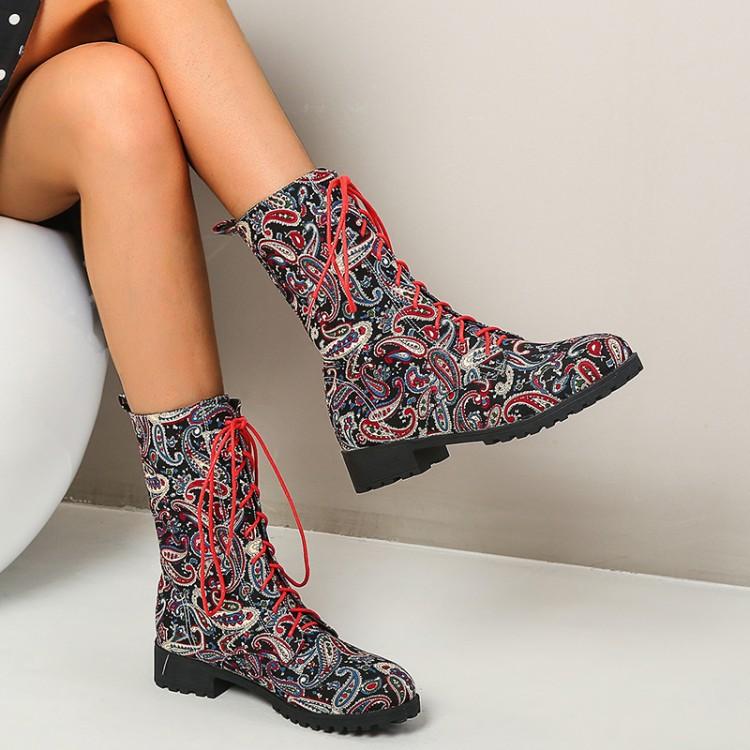 Women short chunky heel flowers embroidered lace up boots