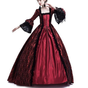 Female's Vintage Medieval Trumpet Sleeves Court Dress | Lace Patchwork Large Swing Maxi Dress