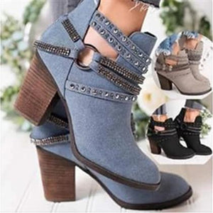 Women rhinestone strap side hollow chunky heel ankle boots