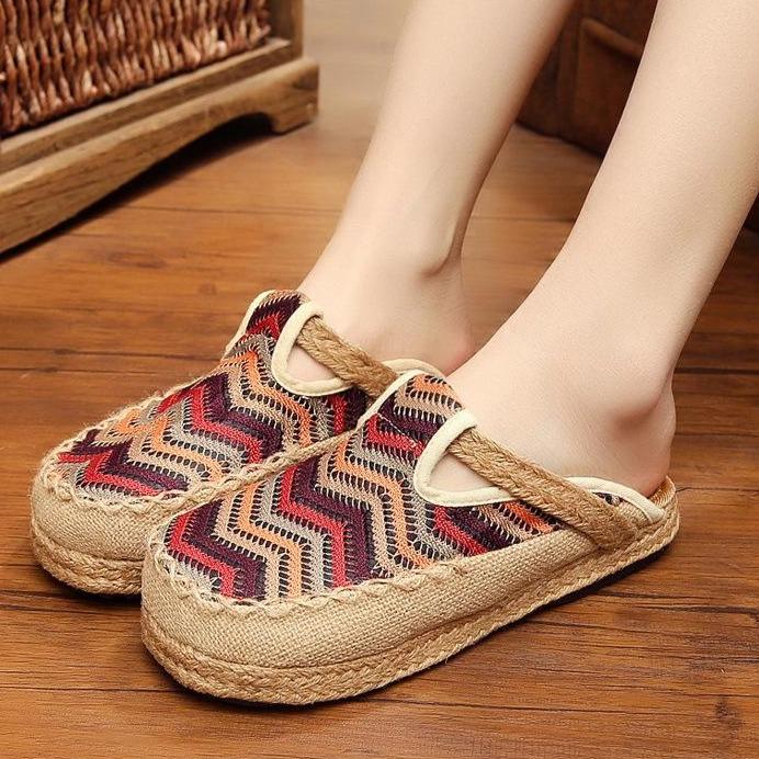 Women rainbow round closed toe linen slide sandals