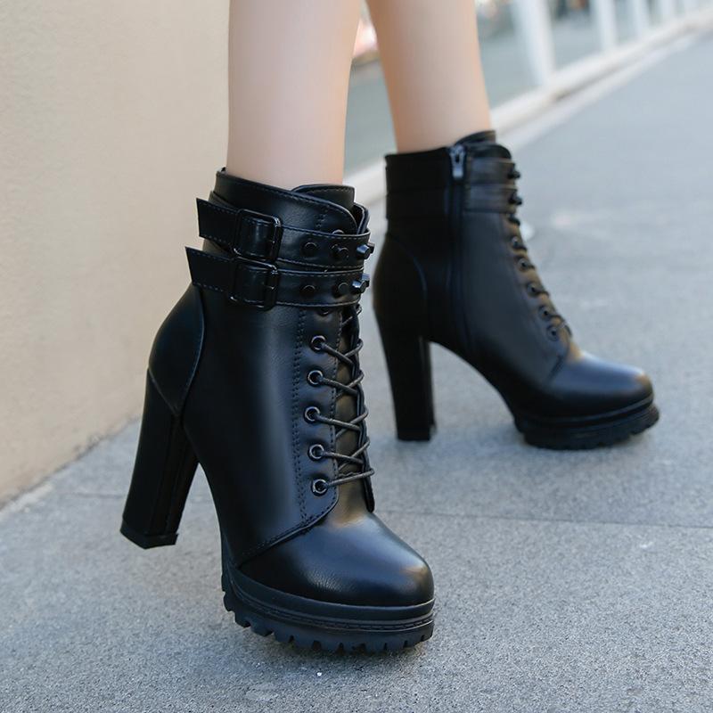 Women platform lace up buckle strap chunky heeled booties