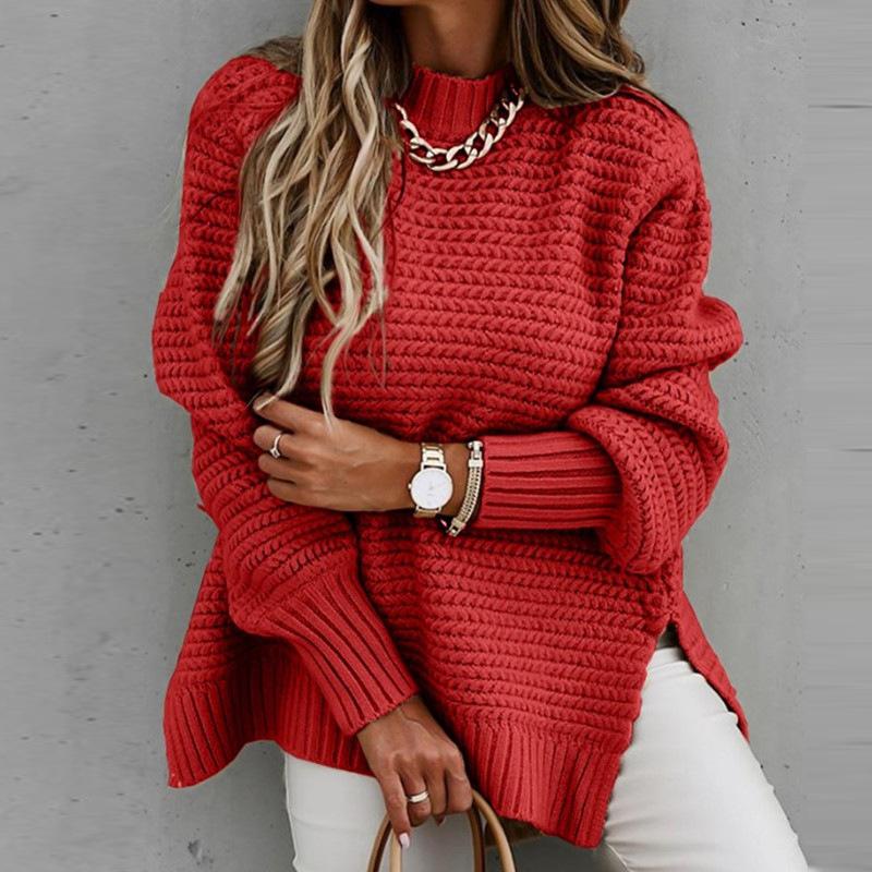 Women long sleeve pullover chunky knit slit-hem sweater