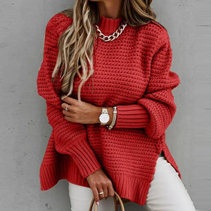 Women long sleeve pullover chunky knit slit-hem sweater