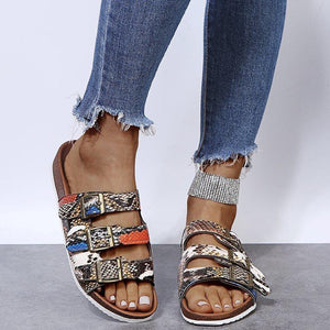 Women summer new fashion three strap buckle flat heel slide sandals