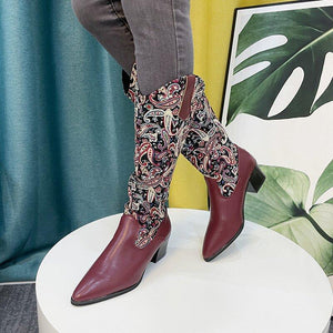 Women pointed toe chunky heel embroidered flower knee high boots