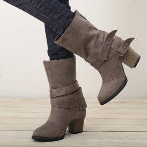Women winter short buckle strap stacked chunky heel boots