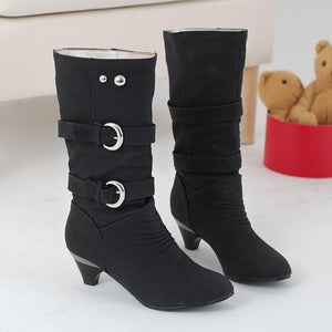 Women chunky heel buckle strap slip on mid calf boots