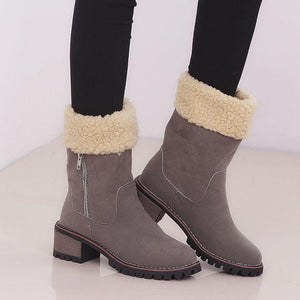 Women chunky heel side zipper faux fur mid calf snow boots