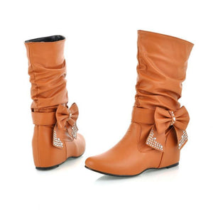 Women rhinestone bowknot fashion slouch mid calf boots