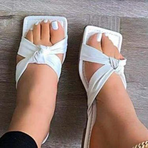 Women square peep toe bow slide flat sandals