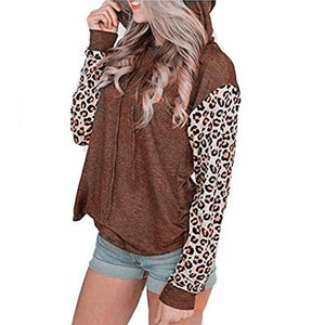 Women leopard long sleeve drawstring pullover crewneck sweatshirt