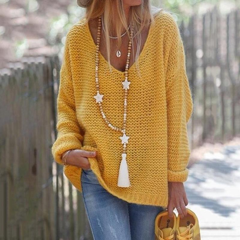 Women fall crochet knit long sleeve v neck sweater