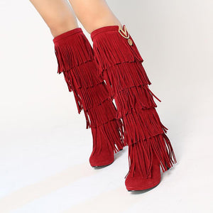 Women fashion fringe chunky heel platform knee high boots