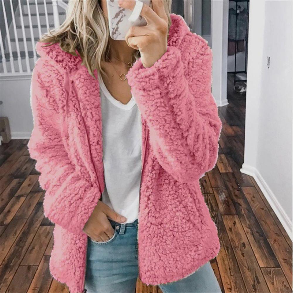 Women faux fur zip up solid color long sleeve hooded coat