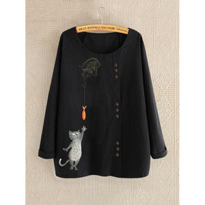 Women solid color crew neck button up long sleeve cat t shirt