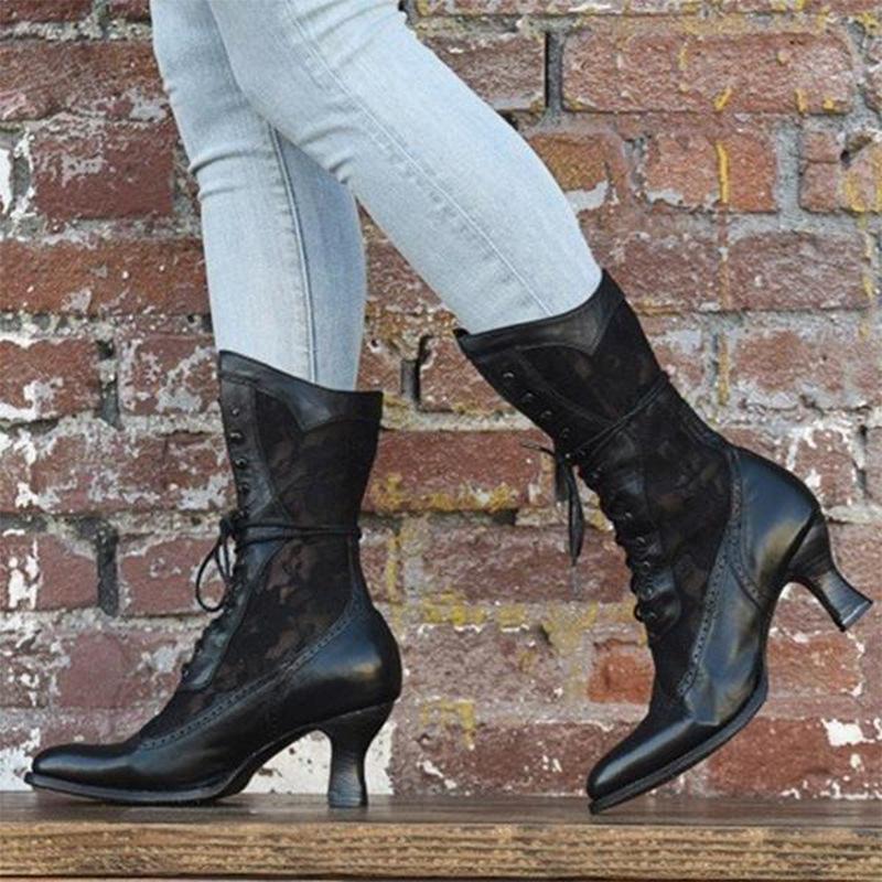 Women lace flower lace up mid calf chunky heel boots