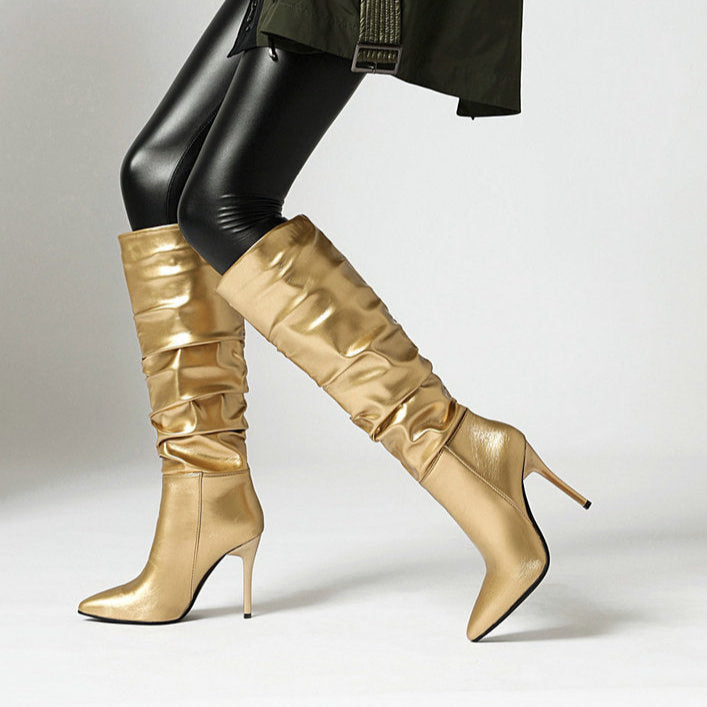 Women knee high boots elegant sequin stiletto high heel pointed toe slouch boots