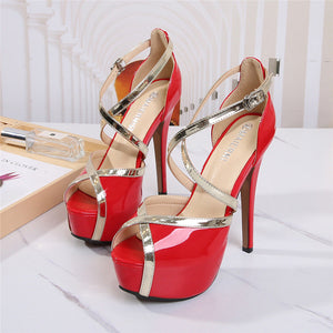 Women platform peep toe criss cross buckle strap stiletto high heels