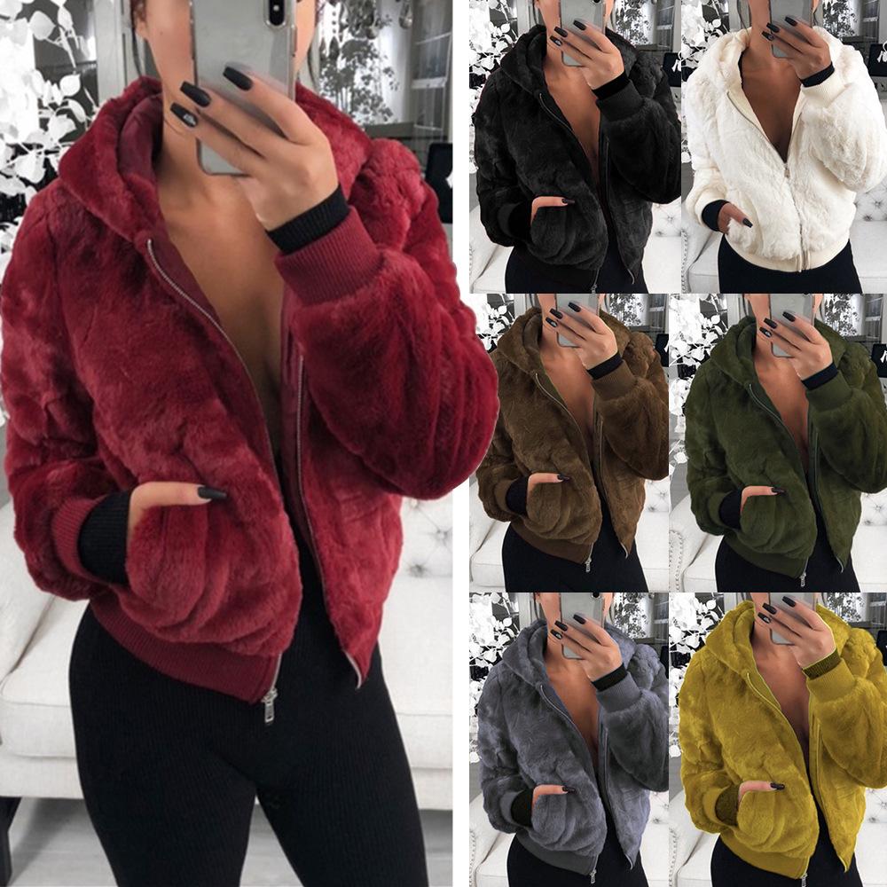 Women Hoodie Solid Faux Fur Coat With Pockets