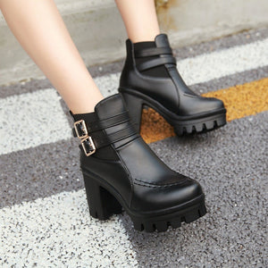 Women chunky heel platform buckle strap stitching winter boots