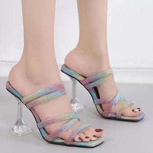 Women square peep toe fashion glitter slide clear chunky high heels