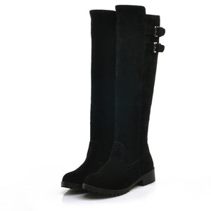 Women chunky heel platform double buckle strap slip on knee high boots