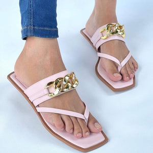 Women suqare clip toe chain d¨¦cor summer beach flat slide sandals