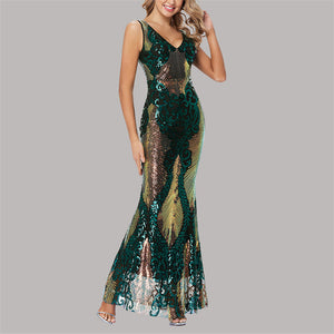 Lady's elegant premium sequins v neck mermaid maxi dress | Bodycon fishtail long dress banquet party evening gowns