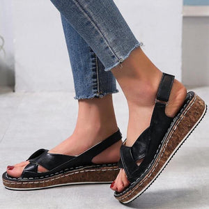Women peep toe stitching ankle strap chunky heel flatform sandals