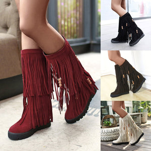 Women winter knee high flat slip on fringe boots