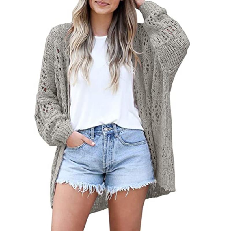 Women solid color long sleeve lightweight crochet cardigan