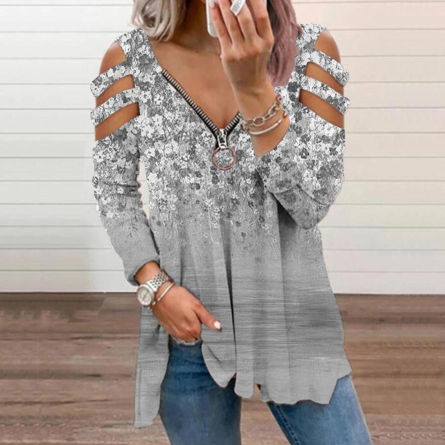 Women flowers off shoulder long sleeve zipper v neck tops