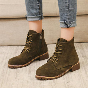 Women square chunky heel lace up ankle motorcycle boots