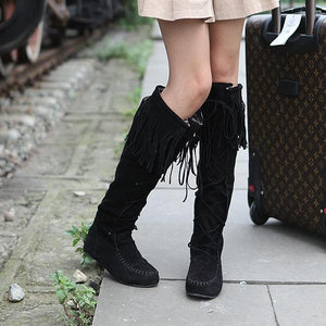 Women winter fringe criss cross lace up knee high boots