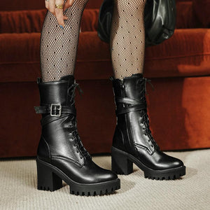 Women chunky heel platform lace up buckle strap combat boots