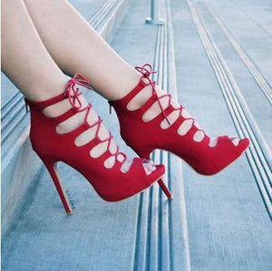 Women peep toe crisscross lace up hollow stiletto heels