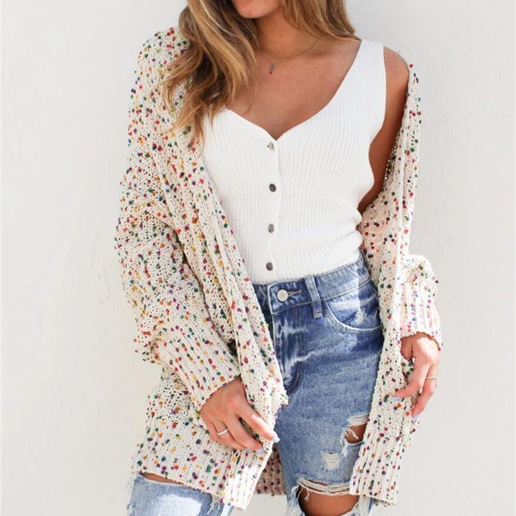 Women colorful dot knitted winter fall pockets long cardigan