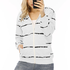 Women stripe printed sports drawstring zip up hoodies