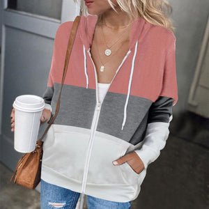 Women color block zip up drawstring hoodie sweatshirt