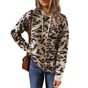 Women leopard long sleeves drawstring pullover hoodie sweatshirt