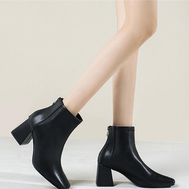 Women solid color chunky heel ankle square toed boots