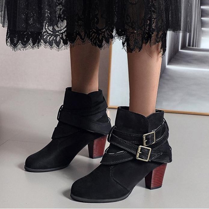 Women buckle straps back zipper chunky heeled boots