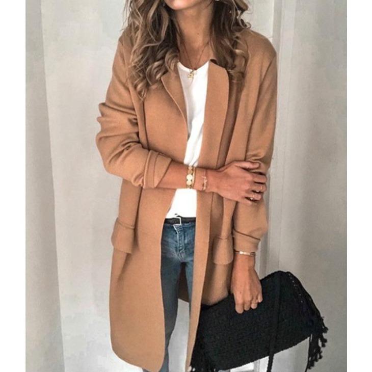 Women winter fall solid color pocket long coat