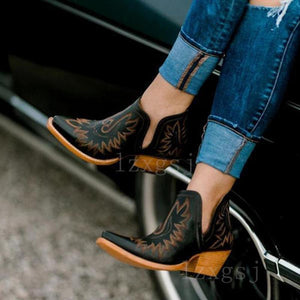 Embroidered flower chunky heel ankle chelsea boots women