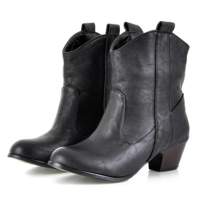 Women winter round toe short slip on chunky heel boots