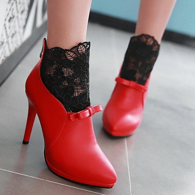 Women lace flower stiletto high heel back zipper ankle boots