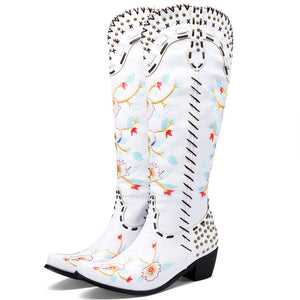 Women cowgirl boots | Flower embroidery stitching chunky heel boots | Studded knee high boots